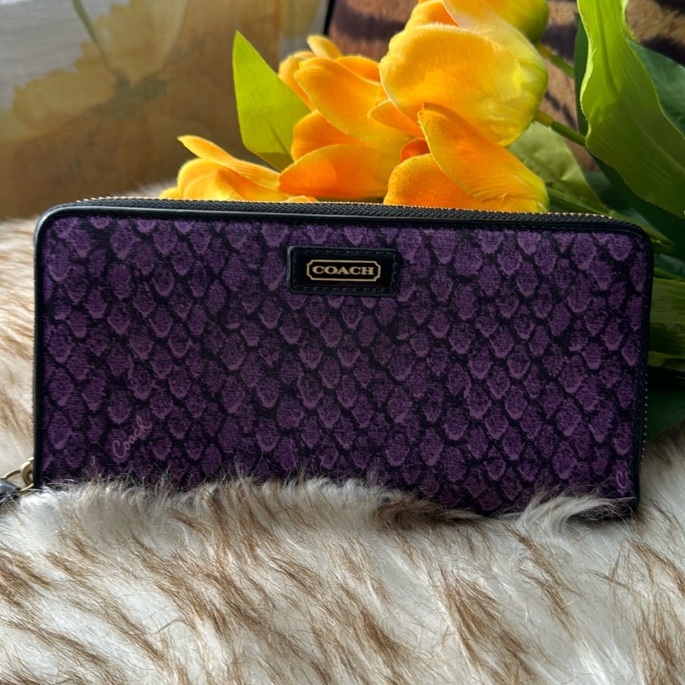 Coach long zip around wallet in black and purple